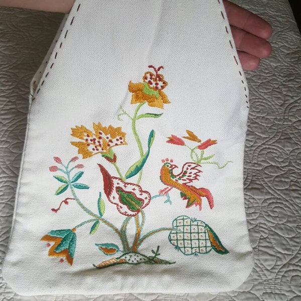 Vintage Purse Hand Embroidered Cream Linen Tote Sling handbag Floral Bird