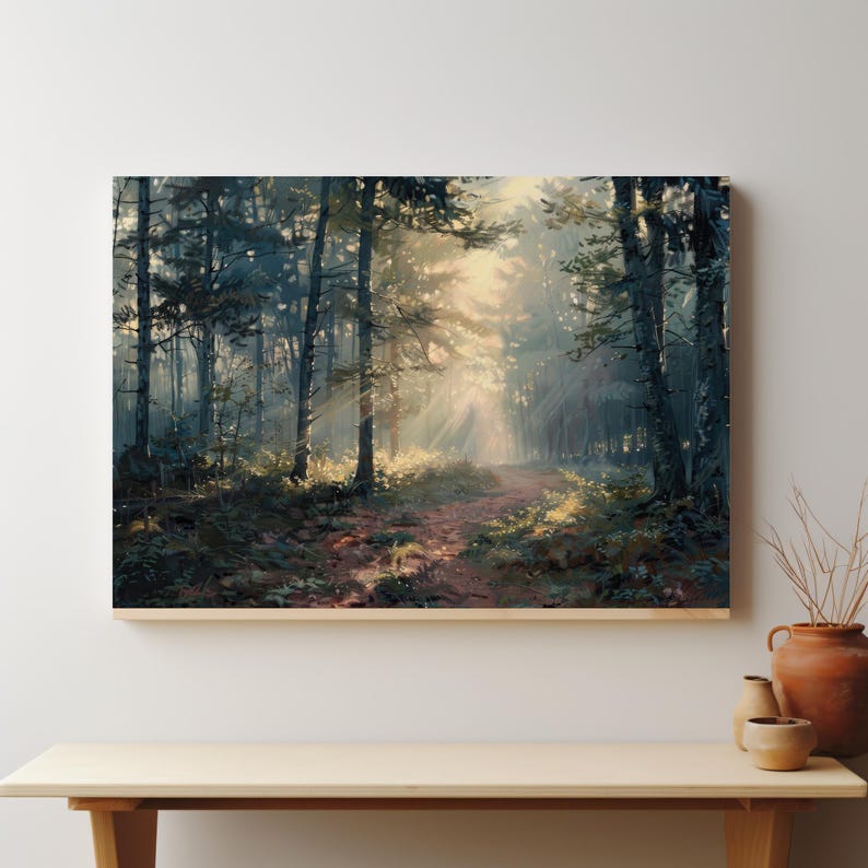Serene Forest Path Art | Sunlight Through Trees, Tranquil Woodland ...