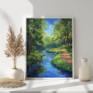 Serene Forest Stream Art | Tranquil Nature Path with Lush Green Trees, Peaceful Summer Landscape, Digital Download, Wall Art, Lush Forest