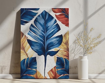 Tropisches Blattdekor in Blau und Orange - Lebendiges botanisches Wanddekor, moderner, von der Natur inspirierter Druck, farbenfrohes Blattdesign, digitaler Download