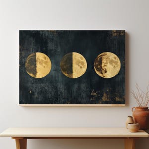 Gold Foil Moon Phases Print Set | Minimalist Celestial Wall Art, Modern Lunar Decor, Dark Textured Background, Digital Download, Home Decor