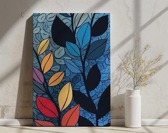 Abstrakte mehrfarbige Blattkunst | Moderne botanische Wanddekoration, kräftiges Blau mit bunten Blättern, von der Natur inspirierter Digitaldruck, Instant Download