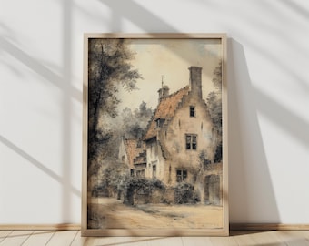 Zeitloses Landhaus | Charmante Cottage Illustration, Vintage Landschaft Szene, druckbare rustikale Wandkunst | Home Decor, digitaler Download