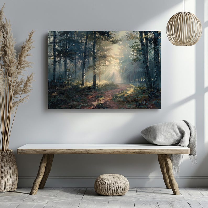 View of Serene Forest Path Art | Sunlight Through Trees, Tranquil Woodland ...