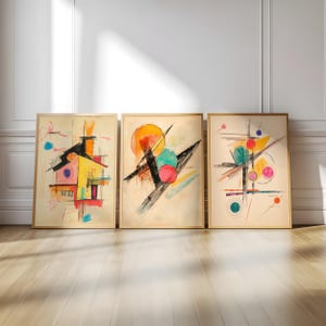 Geometric Rhythms: A Set of 3 | Vibrant Modern Prints with Circles, Lines, and Shapes, Abstract Geometric Wall Art Set of 3, Printable Art