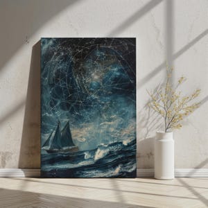 Nautische Nachthimmel Konstellation Kunst | Kosmischer Segelbootdruck, Himmlische Ozeanszene, Sternenkarte, digitale Wandkunst, Astrologie-inspiriertes Dekor