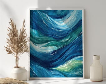 Ebbe und Flut, Abstrakte Meeres Wellen Kunstdruck | Blaue und grüne fließende Kunst, moderne Küstenwanddekoration, digitaler Download, vom Wasser inspiriertes Kunstwerk