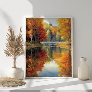 Autumn Forest Reflection Art | Fall Foliage Lake Scene, Vibrant Autumn Trees, Serene Nature Landscape, Digital Download, Wall Art, AI Art