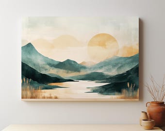 Abstrakte Berglandschaft Poster | Pastelltöne mit Fluss und Sonne, moderne minimalistische Natur Wandkunst, digitaler Download für ruhiges Dekor