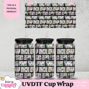May include: Three clear 16 oz Libbey cups with black lids and straws, featuring a cartoon design of various characters and objects. The cups are labeled "UVDTF Cup Wrap". A matching pattern is displayed above the cups.