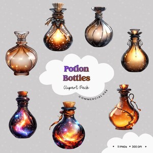 May include: A set of 11 digital clipart images of potion bottles. The bottles are various shapes and sizes, with different colored liquids and cork stoppers. The bottles have a magical, fantasy aesthetic.