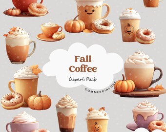 May include: A digital clipart pack of 40 fall-themed coffee illustrations. The images feature various coffee drinks with whipped cream and fall-themed decorations, such as pumpkins, leaves, and cinnamon sticks. The clipart is perfect for creating fall-themed designs, such as greeting cards, invitations, and social media graphics.