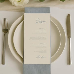 Custom Wedding Menu with Guest Name Template , Dusty Blue Modern Menu, Printable Wedding Dinner Menu, Digital Download, WL0007
