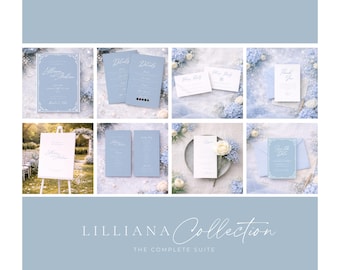 Puede incluir: Una colección de papelería de boda azul claro, que incluye invitaciones, tarjetas de detalles y notas de agradecimiento. El diseño presenta una escritura elegante y detalles florales. El texto "LILLIANA Collection" se muestra en la parte inferior.