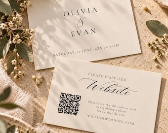 May include: Two cream-coloured rectangular wedding invitation cards with black serif and script text. The top card reads OLIVIA & EVAN, SATURDAY, 17 JUNE 20XX | 6:30PM. The bottom card features a QR code and the text PLEASE VISIT OUR Website.