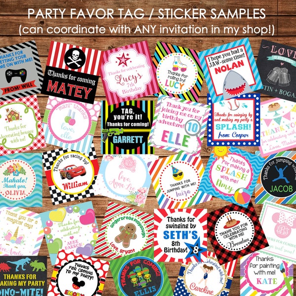 24 Girl or Boy Square Party Favor Tags Cards or Gift Stickers - Made to match ANY of my invitations