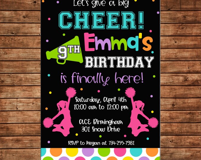 Girl Invitation Cheerleading Cheerleader Cheer Tumbling Birthday Party - Can personalize colors /wording - Printable File or Printed Cards