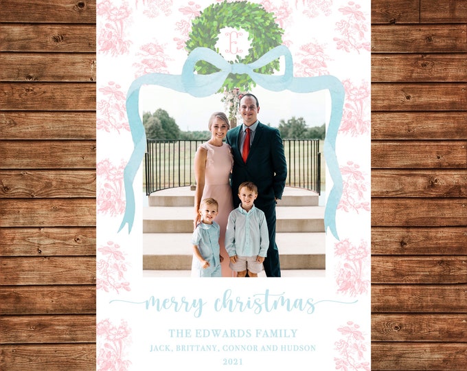 Christmas Holiday Photo Card Chinoiserie Watercolor Boxwood Wreath - Can Personalize - Printable File