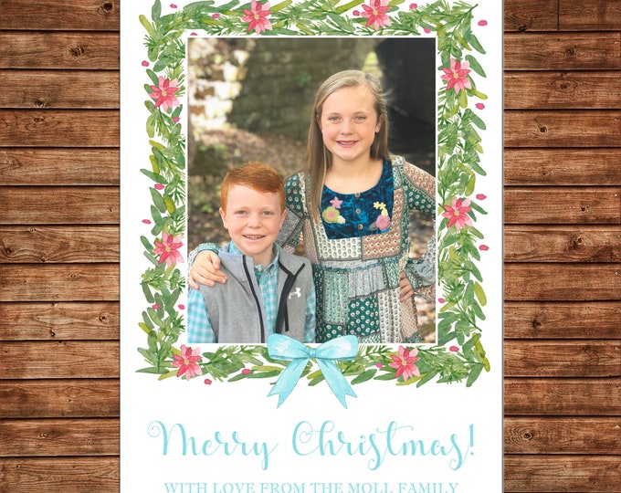 Christmas Holiday Photo Card Watercolor Wreath Greenery - Can Personalize - Printable File