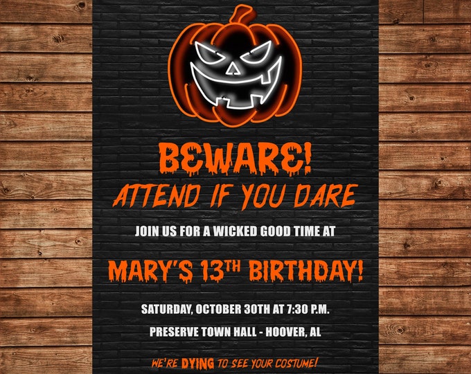 Halloween Invitation Neon Pumpkin Jack o Lantern Teen Birthday Party - Can personalize colors /wording - Printable File or Printed Cards