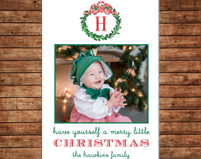 Christmas Holiday Photo Card Watercolor Wreath Monogram - Can Personalize - Printable File