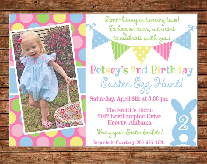 Boy or Girl Invitation Easter Egg Hunt Bunny Birthday Party - Can personalize colors /wording - Printable File or Printed Cards