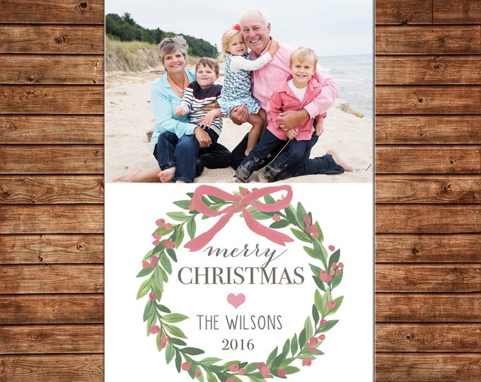 Photo Picture Christmas Holiday Card Watercolor Wreath Mistletoe Pink Bow Laurel - Digital File