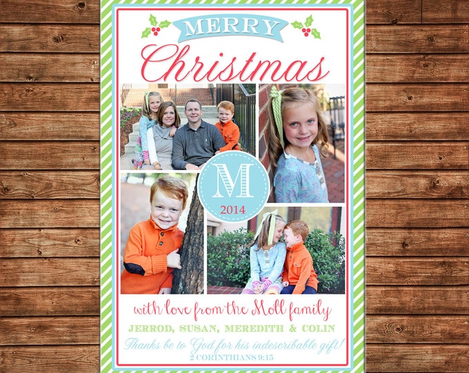 Christmas Holiday Photo Card Turquoise Coral Mint - Can Personalize - Printable File