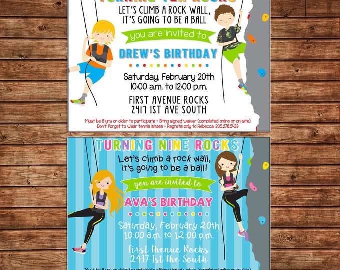 Boy or Girl Invitation Rock Climbing Birthday Party - Can personalize colors /wording - Printable File or Printed Cards