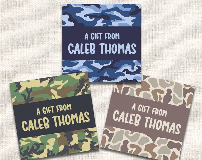 Personalized Boy Gift Tags, Boy Enclosure Cards, Boy Gift Stickers, Camo Gift Tags, Camouflage Gift Tags