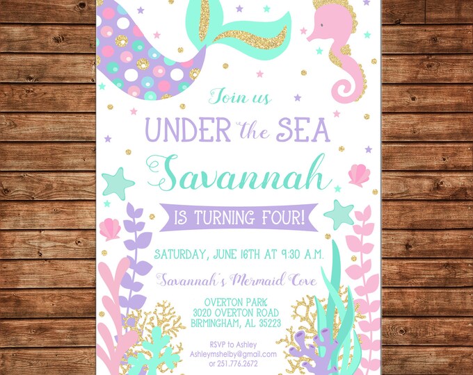 Girl Mermaid Under the Sea Gold Glitter Purple Teal Pink Birthday Party - Can personalize colors /wording - Printable File or Printed Cards