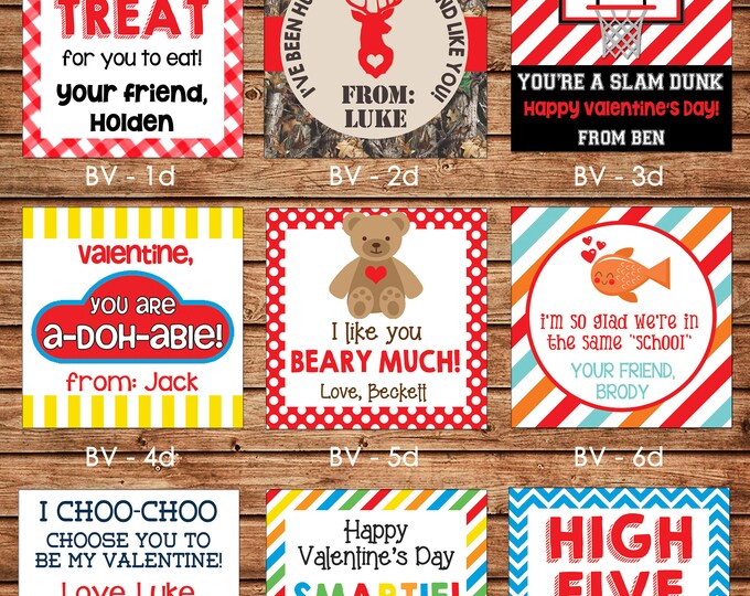 24 Square Personalized Boy Valentine Enclosure Cards, Gift Stickers, Gift Tags