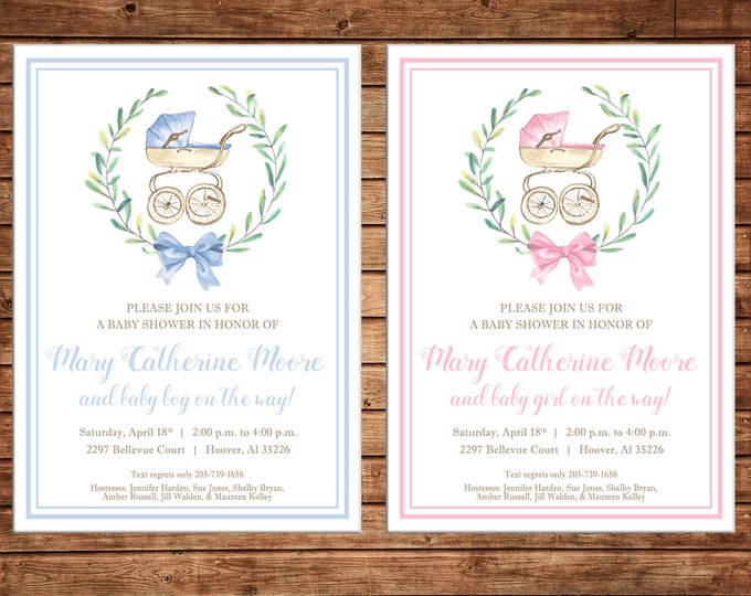Boy or Girl Invitation Watercolor Laurel Wreath Carriage Shower Party - Can personalize colors /wording - Printable File or Printed Cards
