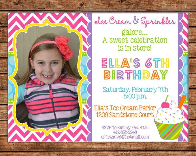 Chevron Polka Dot Girl Ice Cream Frozen Yogurt Birthday Party Shower with PHOTO Invitation - DIGITAL FILE