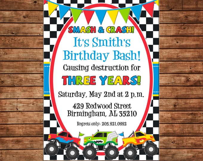 Boy Invitation Monster Truck Birthday Party - Can personalize colors /wording - Printable File or Printed Cards