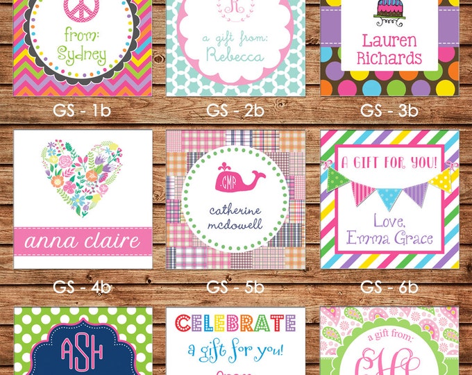 24 Square Personalized Girl Enclosure Cards, Gift Stickers, Gift Tags