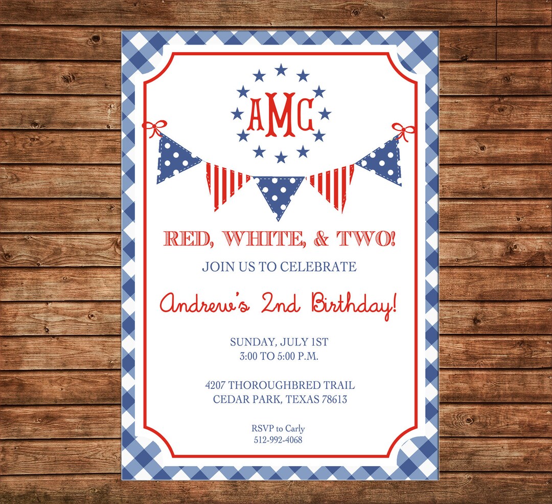 Invitation Red White Two Gingham Patriotic Monogram Birthday Party ...