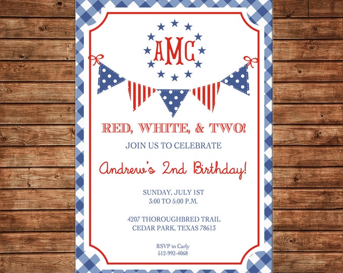 Invitation Red White Two Gingham Patriotic Monogram Birthday Party - Can personalize colors /wording - Printable File or Printed Cards