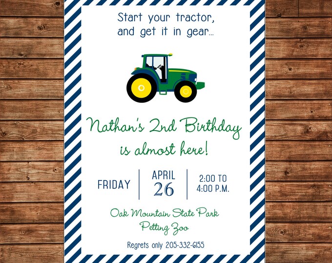 Boy or Girl Invitation Farm Barn Tractor Birthday Party - Can personalize colors /wording - Printable File or Printed Cards