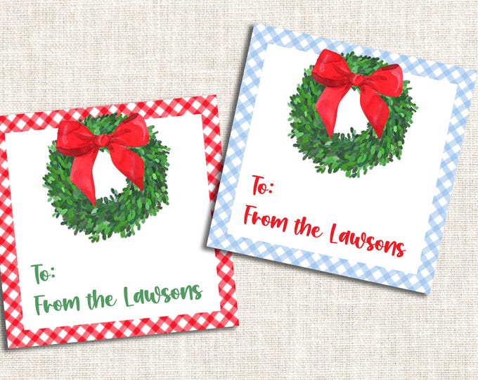 Personalized Christmas Gift Tags, Christmas Enclosure Cards, Christmas Gift Stickers, Watercolor Christmas Wreath