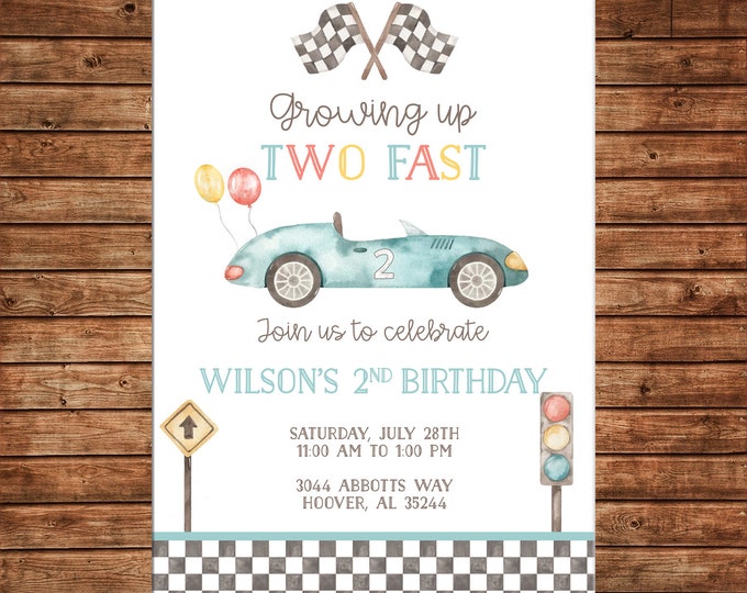 Boy Invitation Watercolor Race Car Racing Two Fast Birthday Party - Can personalize colors /wording - Printable File or Printed Cards