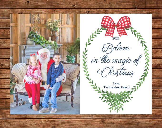 Christmas Holiday Photo Card Red Gingham Watercolor Wreath Bow - Can Personalize - Printable File