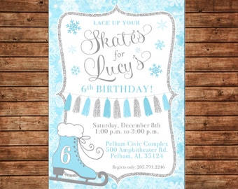 Girl Invitation Frozen Ice Skating Snow Silver GlitterBirthday Party - Can personalize colors /wording - Printable File or Printed Cards