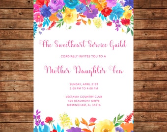 Watercolor Flowers Floral Invitation Birthday Tea Shower - Can personalize colors /wording - Printable File or Printed Cards
