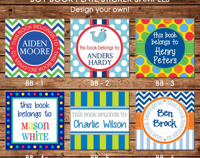 24 Square Personalized Boy Book Plates Bookplate Stickers Labels - Choose ONE DESIGN