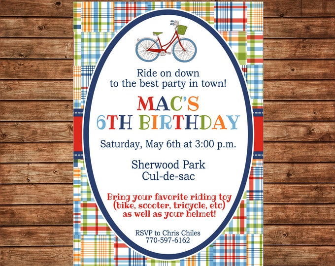 Boy Invitation Madras Plaid Vintage Bicycle Birthday Party - Can personalize colors /wording - Printable File or Printed Cards