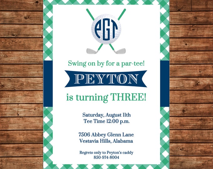 Boy Invitation Monogram Golf Ball Gingham Preppy Birthday Party - Can personalize colors /wording - Printable File or Printed Cards