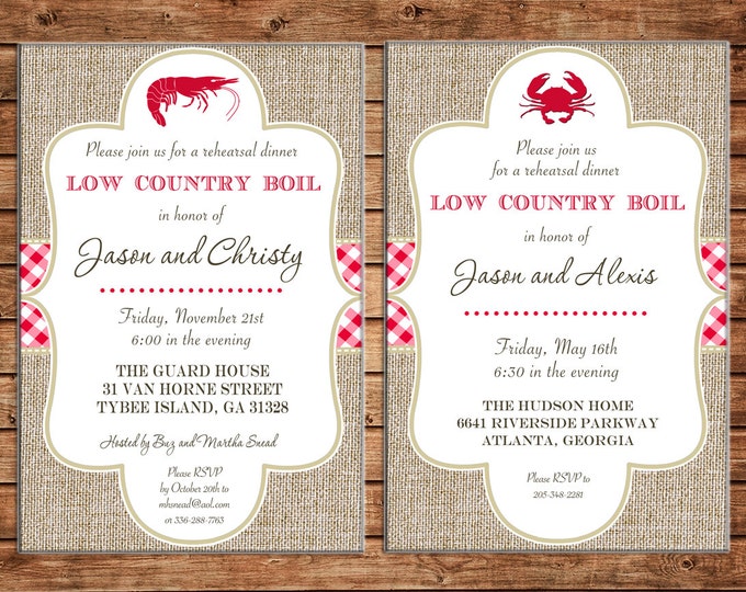 Invitation Low Country Boil Burlap Red Gingham Crawfish Shrimp Crab  - Can personalize colors /wording - Printable File or Printed Cards