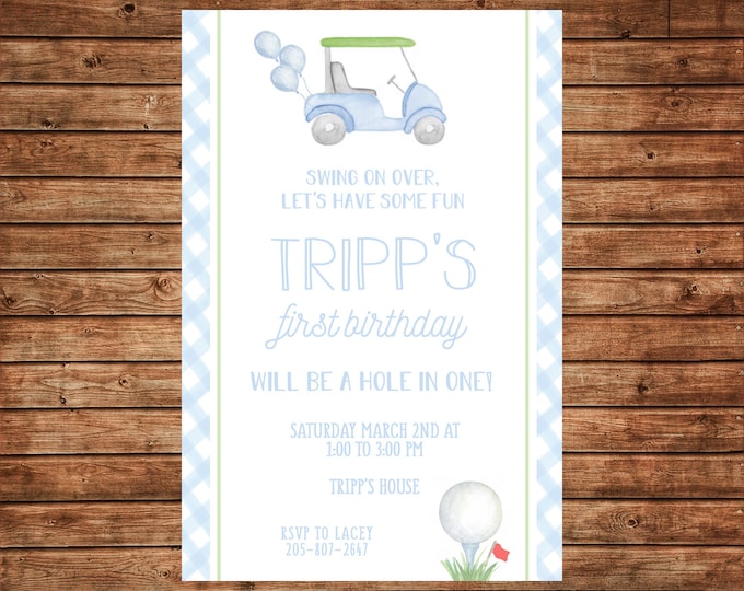 Boy Invitation Watercolor Golf Ball Gingham Preppy Birthday Party - Can personalize colors /wording - Printable File or Printed Cards