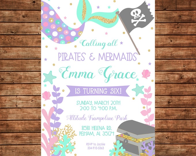 Invitation Mermaids Pirates Gold Glitter Pink Mint Purple Birthday Party - Can personalize colors /wording - Printable File or Printed Cards